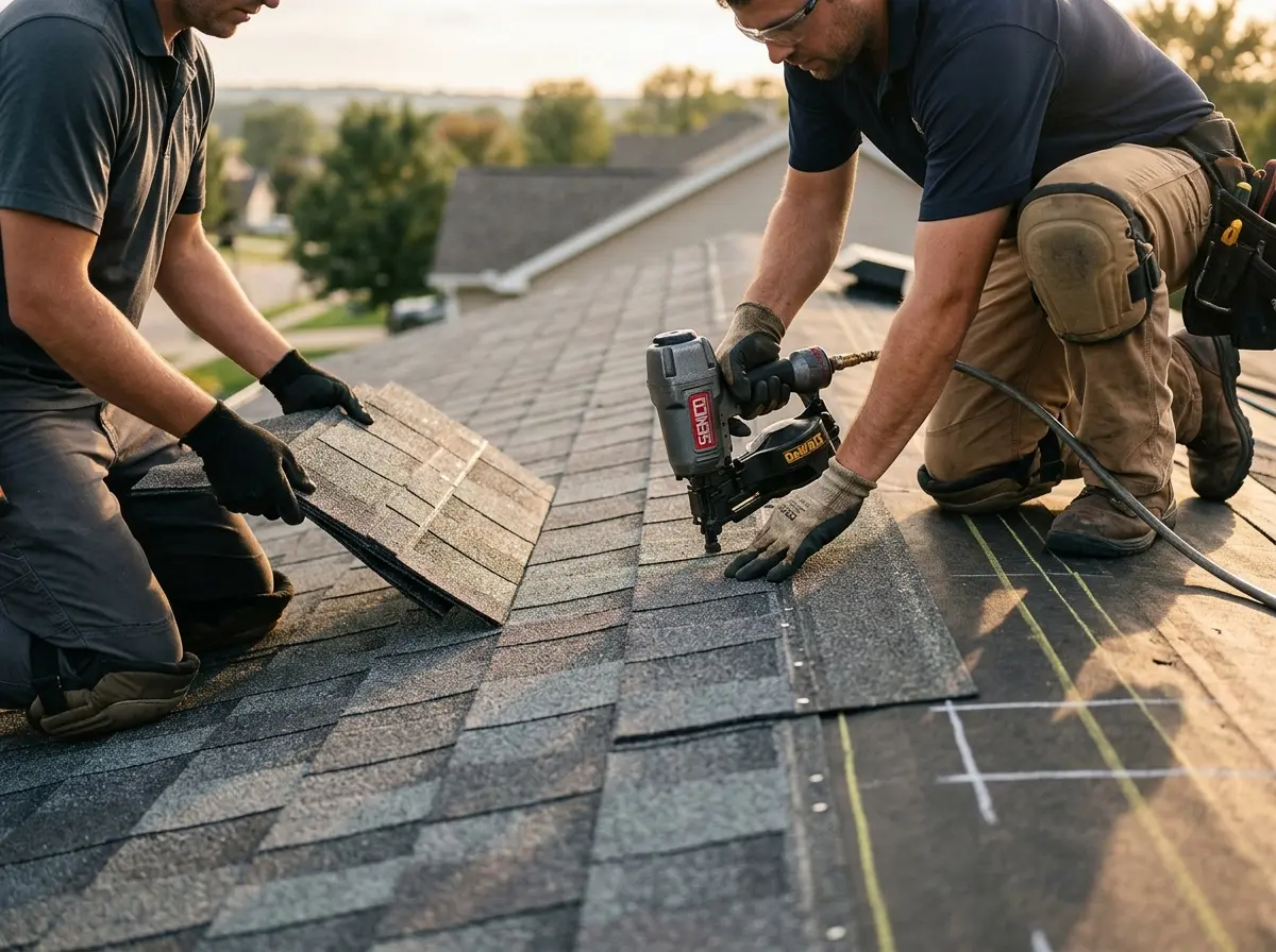 Professional roofer working on a residential roof in Excelsior Springs